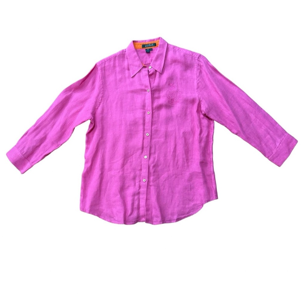Lauren Ralph Lauren Hot Pink 100% Linen Crest 3/4 Sleeve Button Down